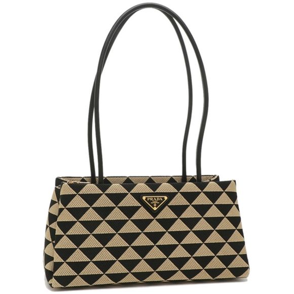 Prada Triangle Jacquard Polyester Leather Black Beige Shoulder Bag - Picture 1 of 6
